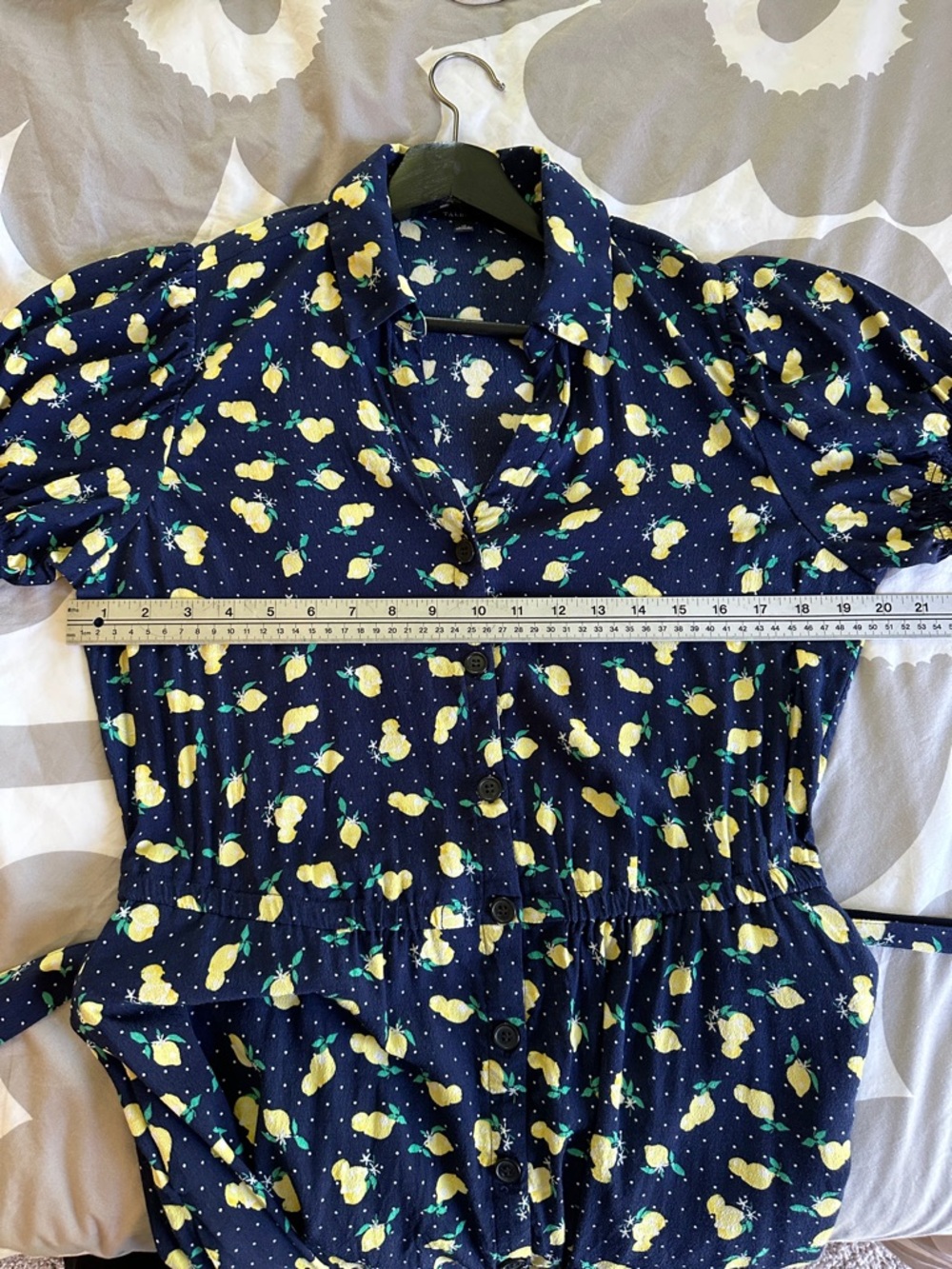Lemon-Print Navy Blue Midi Shirt Dress with Tie Waist - Picture 6 of 8